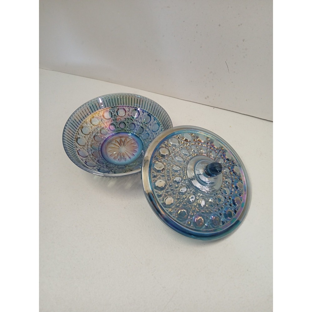 Vintage Indiana Glass Blue Carnival Glass Princess Honeycomb Candy Dish w/ Lid